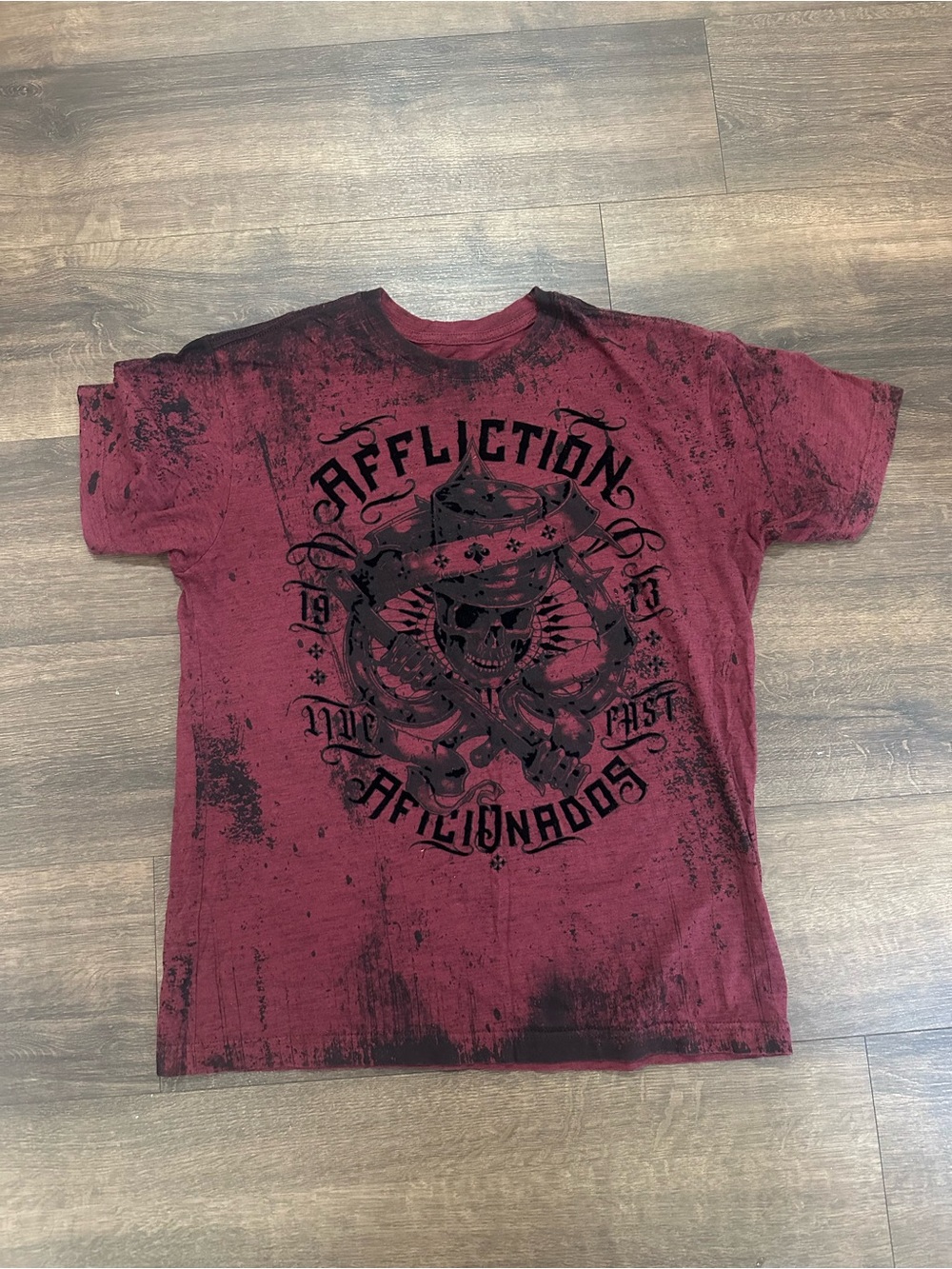 Affliction Men's Burgundy Short-Sleeve Graphic Tee with Black Print Size Large